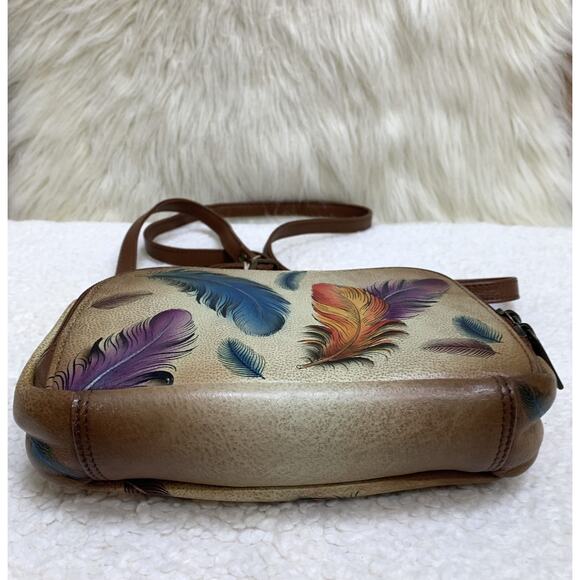 ANUSCHKA Colorful Small Hand Painted Leather "FEATHERS" Zip Top Organizer XBody - Picture 14 of 16